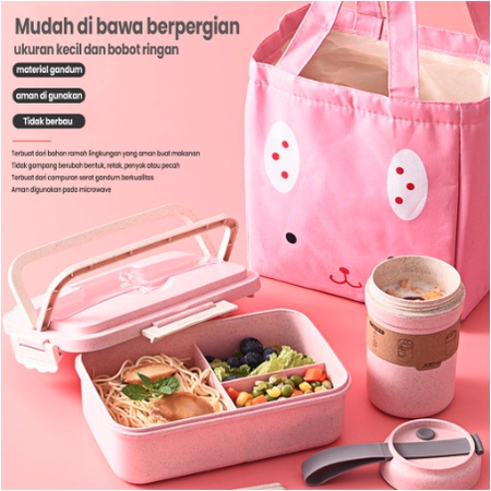 FREE SENDOK Tempat Makan FOOD GRADE Pink Lengkap - Lunch box set Jerami Gandum kotak makan / free Sendok / 1000ml