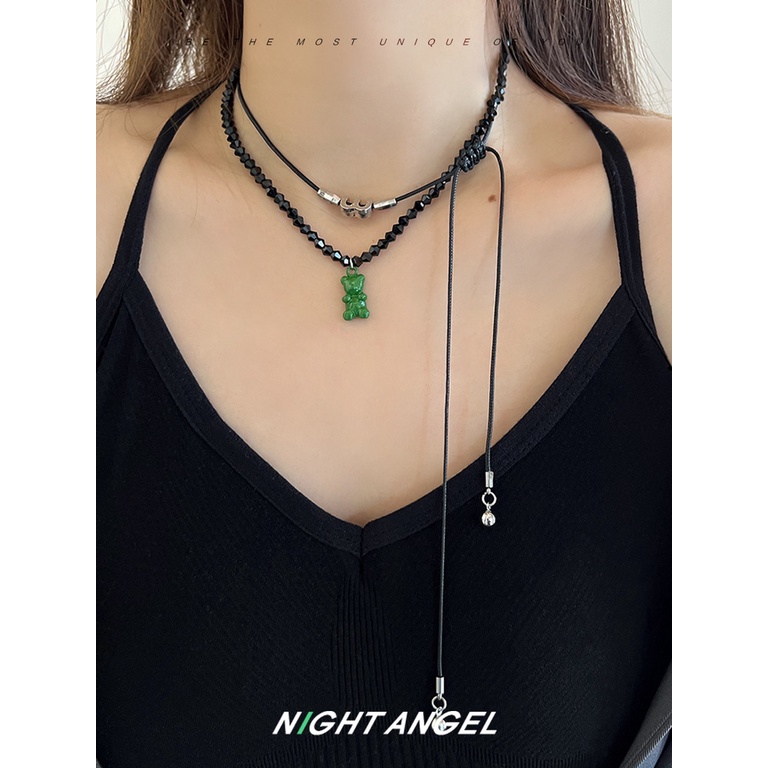 Kalung Rantai Klavikula Manik-Manik double layer Desain Beruang Huruf M