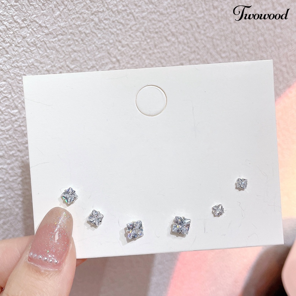 3 Pasang Anting Stud Cubic Zirconia Bentuk Bulat Geometris Bahan Alloy Untuk Wanita