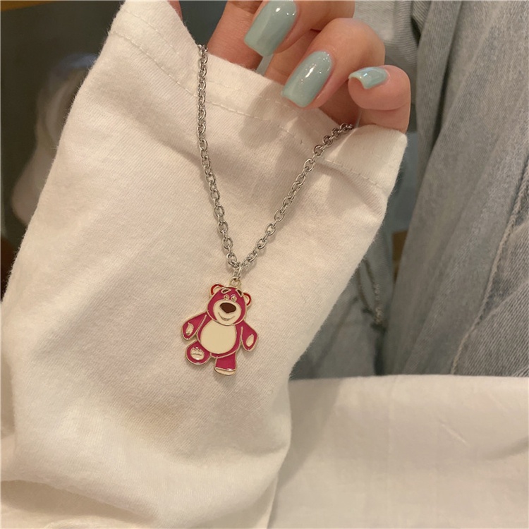 Kalung Rantai Dengan Liontin Kartun Beruang Warna Pink Untuk Wanita