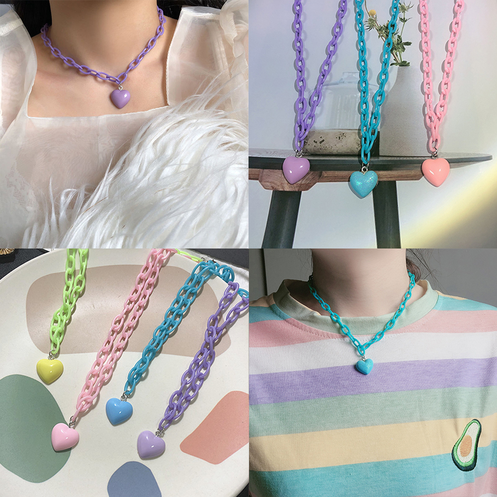 Kalung Bentuk Hati Warna Pink Ungu Bahan Akrilik Gaya Korea Untuk Wanita