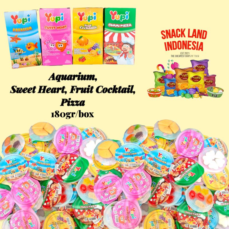 

[Promo] Yupi Aquarium/ Gummy Pizza / Fruit Cocktail / Sweet heart per box isi 12 pcs