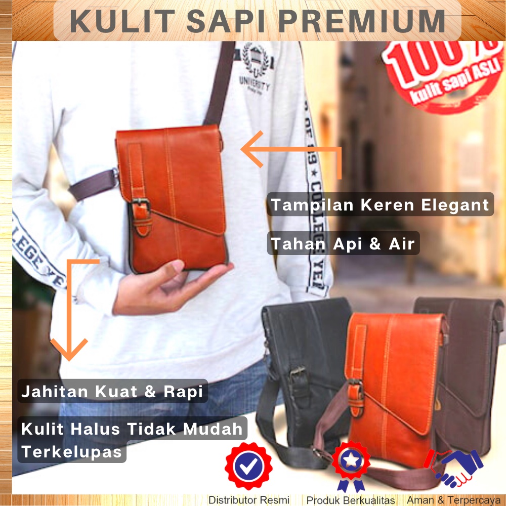 Tas Selempang Pria Kulit Asli Tas Slempang Pria Kulit Waistbag Pria Tas HP Selempang Genuine Leather Multifungsi For Smartphone Bahan Kulit Sapi Asli P061 GARANSI ORIGINAL