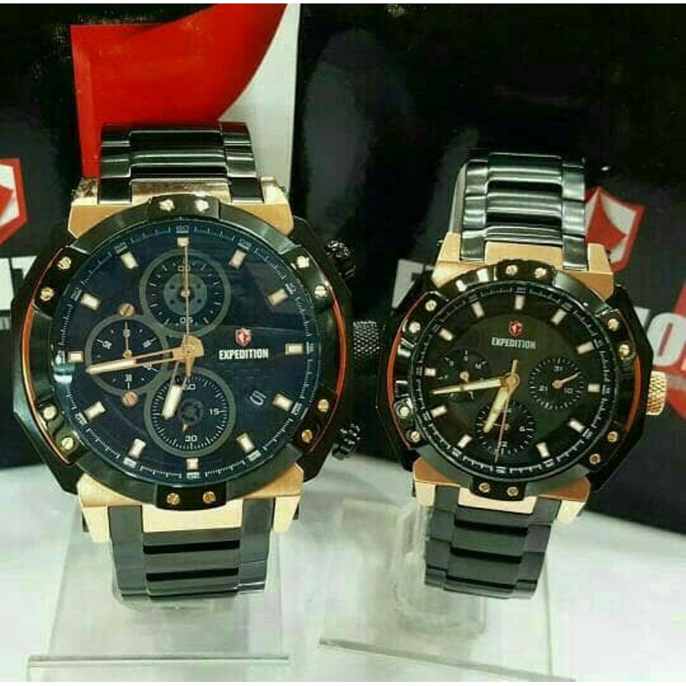 Jam Tangan Couple Original Expedition E 6385 Black Rosegold Original