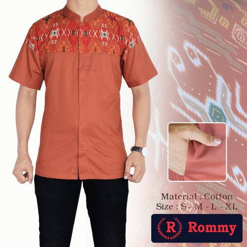 Kemeja / Baju Koko Muslim Pria Rommy - Orange Bata Kombinasi Batik