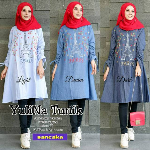 Yulina Tunik, TUNIK WANITA MUSLIM CANTIK BAHAN JEANS WASH PREMIUM MIX BORDIR LD 110 TERMURAH