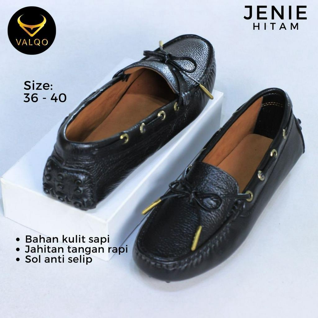 [VALQO] JENIE Hitam Sepatu Kulit Sapi Wanita Kantor Santai Loafer Flat Shoes Sole Anti Selip