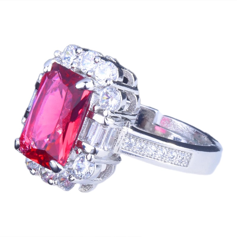 Fancyqube Cincin Silver Hias Batu Zircon Merah Bentuk Kotak Dapat Disesuaikan Gaya Vintage Untuk Wanita