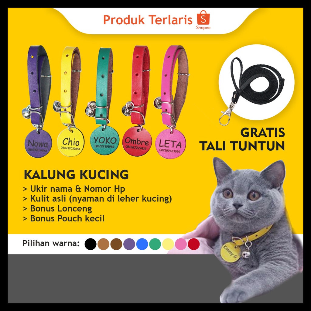 KALUNG KUCING NAMA CUSTOM DAN NO HP LONCENG LUCU KULIT ASLI MODEL GESPER - GRATIS UKIRAN NAMA
