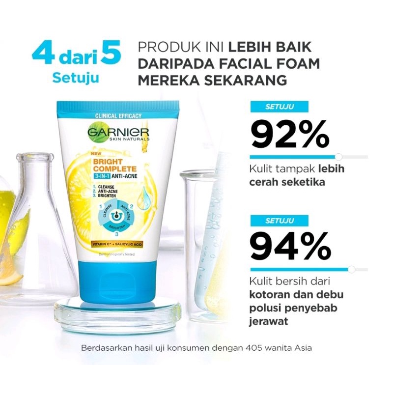 Garnier Bright Complete 3-in-1 Anti Acne Facial Wash | Pembersih Wajah Berjerawat 90ml