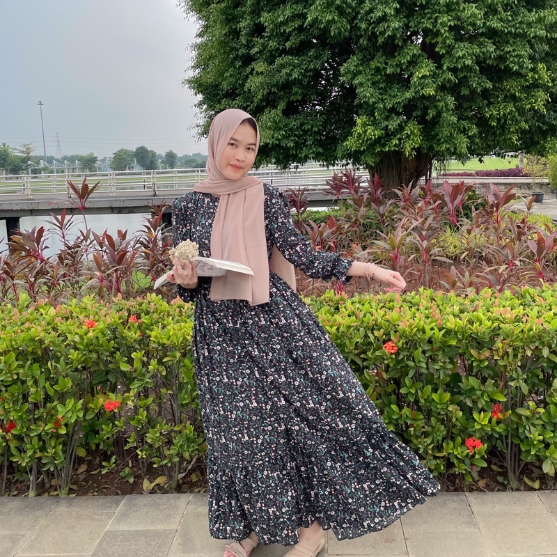 [SIZE STANDAR VOL 1] Floral dress maxi dress panjang gaun casual bunga wanita-Black