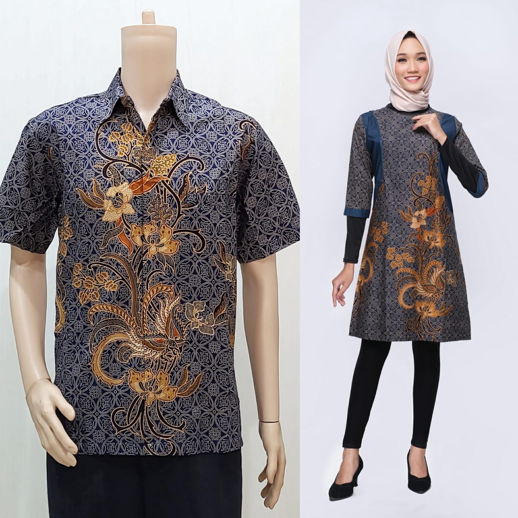 Set Couple Sarimbit Keluarga Lebaran Tunik Batik Muslim 2964 Biru