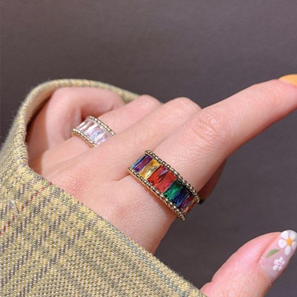 Mxbeauty Wanita Cincin Cahaya Mewah Retro Geometris Berlian Imitasi Wanita Jari Cincin Zirkon Kristal Perempuan Terbuka Cincin