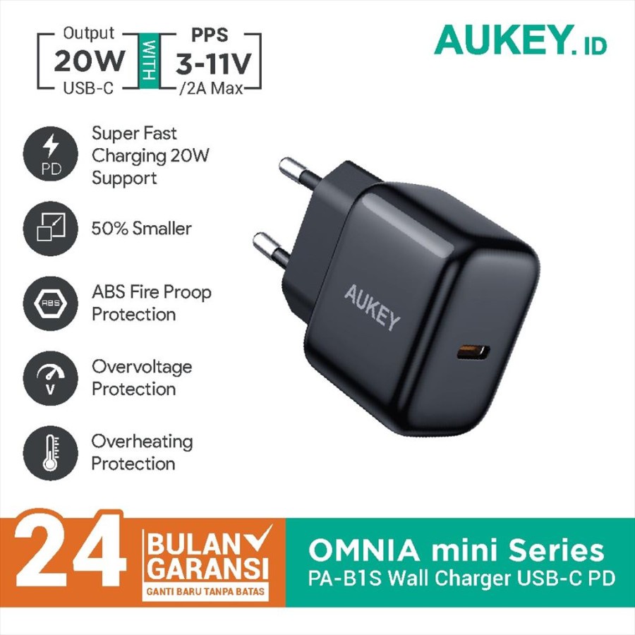 Aukey Charger PA-B1S Omnia Mini Series USB-C PD 20W Fast Chaging iPhone 13 12 Pro Max 11 XR Xiaomi - Compact Small Batok Kepala Casan Cepat Power Delivery 3.0 Black 500852 Original Garansi Resmi