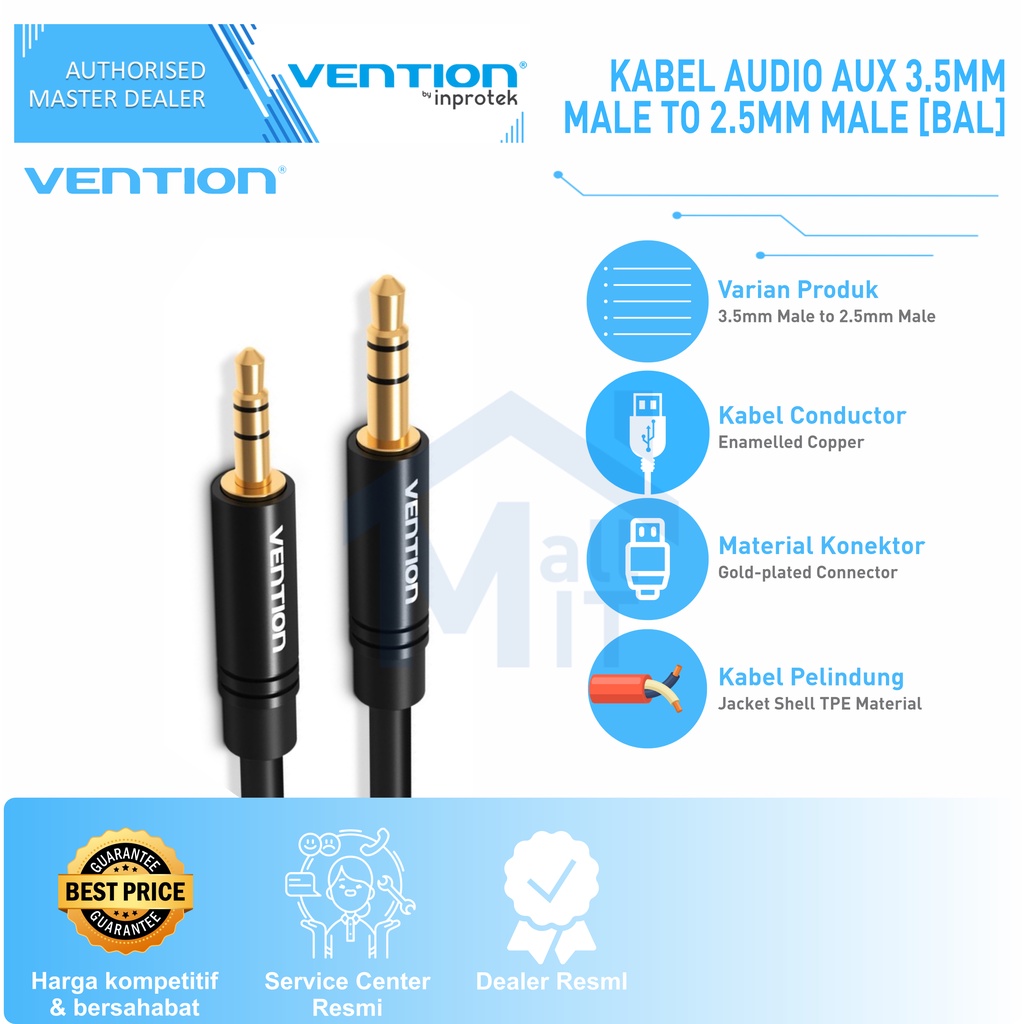 ( Bisa COD ) Vention Kabel Audio Aux 3.5mm Male to 2.5mm Male High Quality Ori BAL