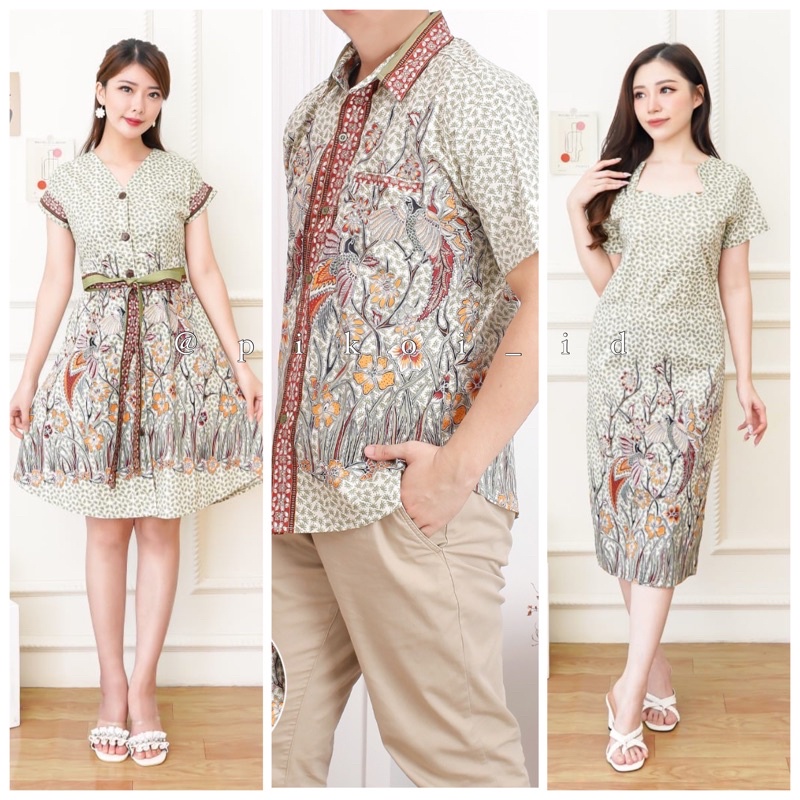 Couple batik pasangan sage green / batik sarimbit / seragam dress batik wanita / kemeja batik pria