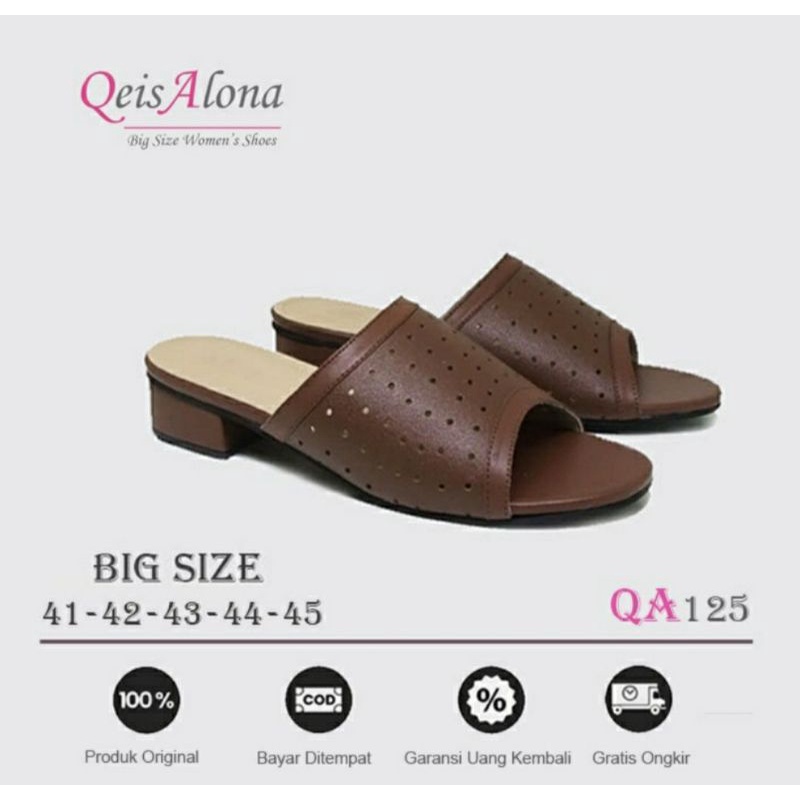 Sandal Wanita Kulit Big Size 41-42-43-44-45 Slop Ibu2 Pengajian Kasual Sendal Heels 3cm Empuk JUMBO Brown, 44