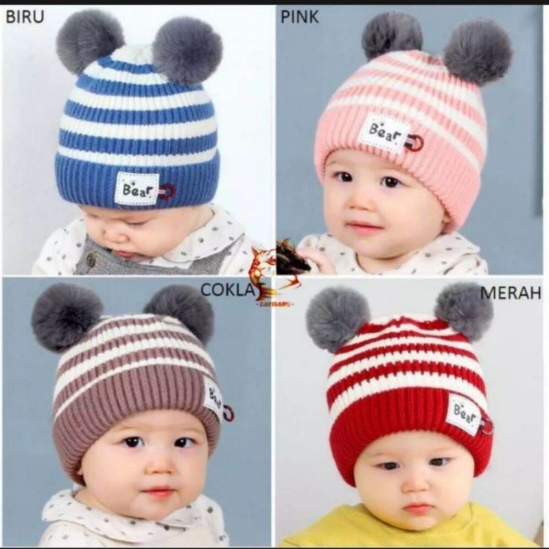 Kupluk pompom rajut anak Label bear salur/kupluk pompom anak/kupluk anak trendy