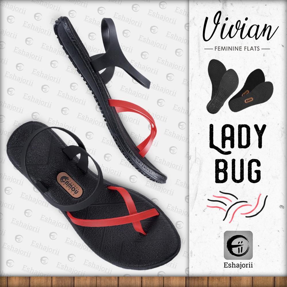 CAMOU - Vivian Ladybug - Sandal Flats Perempuan Kasual Hitam Merah