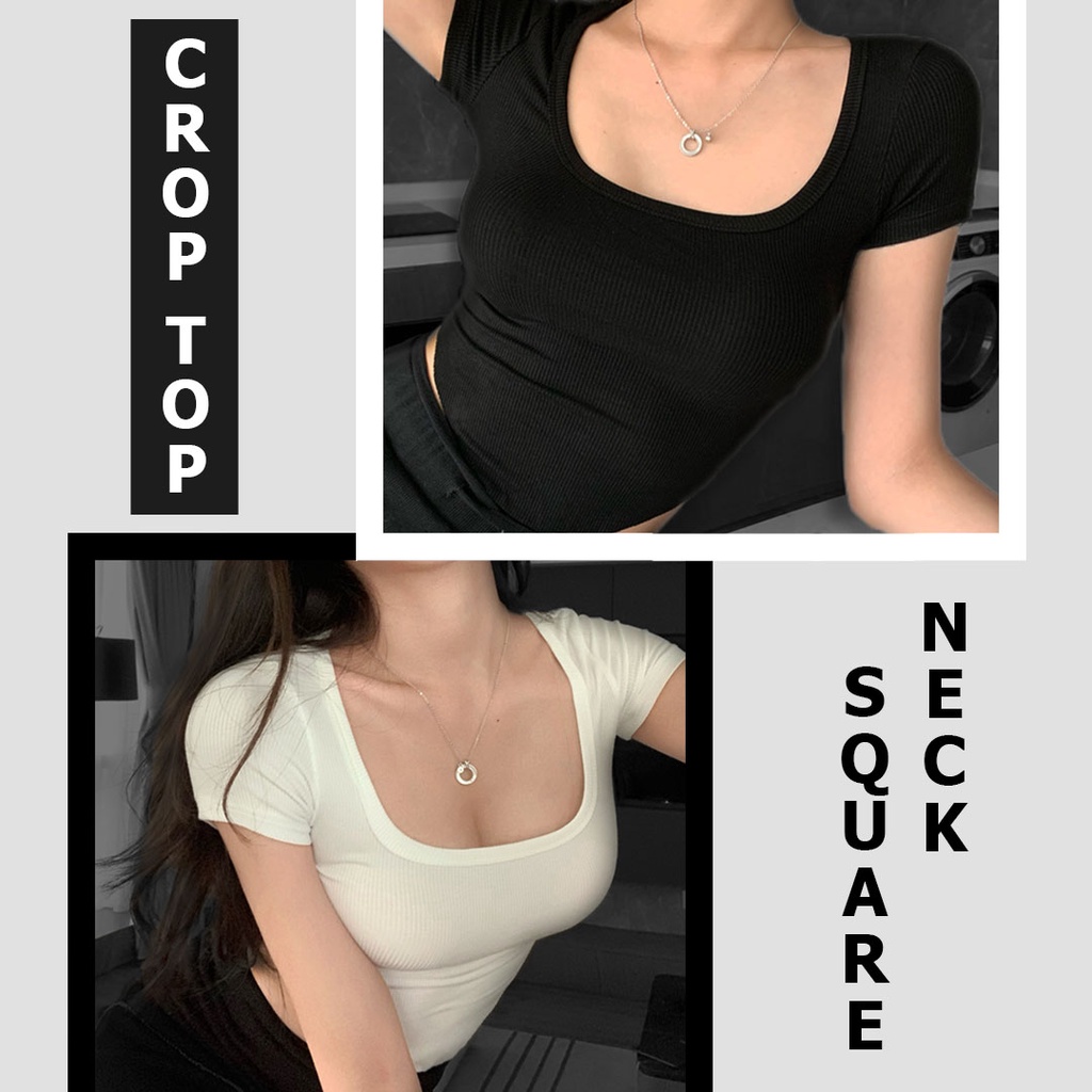 [ORFT] KAOS T-SHIRT CROP TOP SQUARE NECK WANITA / CROP TOP KOREA LEHER KOTAK