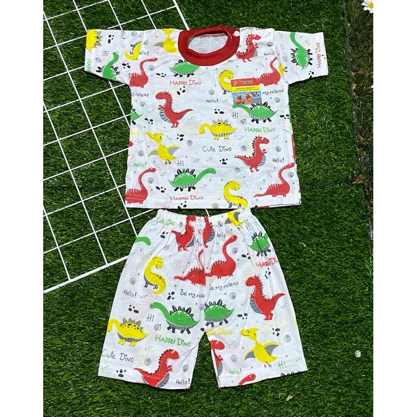 baju anak lucu murah motif full print dino setelan pendek 3-18 bulan (PD 032)