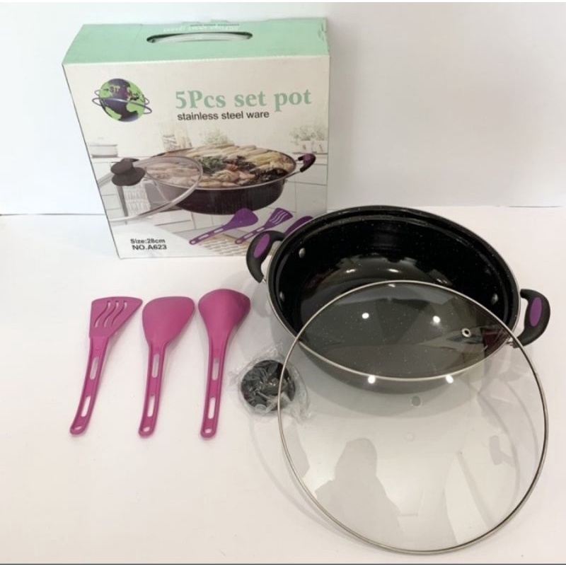 Panci Set Pot Sinda 5pcs 28cm Berkualitas/ Panci Sop+ Tutup Kaca Murah