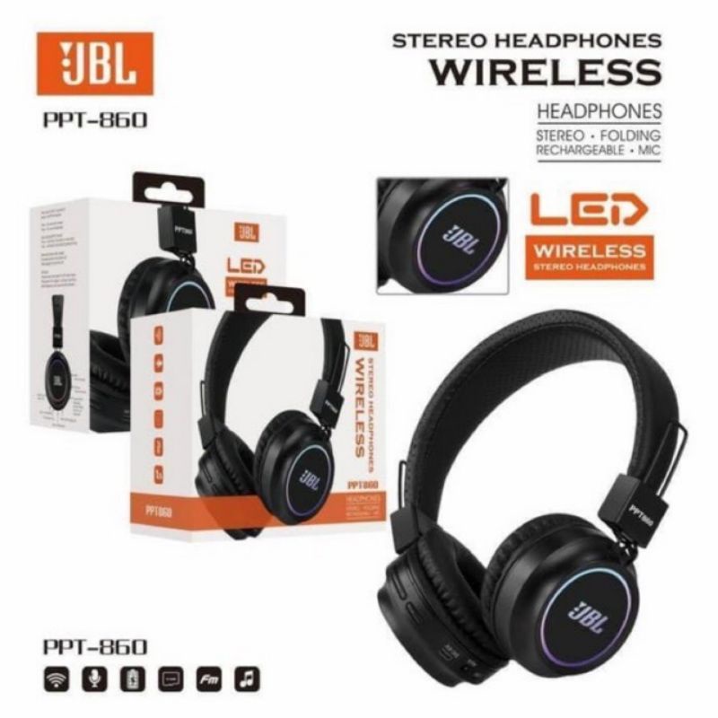 Headset Bandu Bluetooth JBL PPT860+LED Wireless Stereo Extra Bass