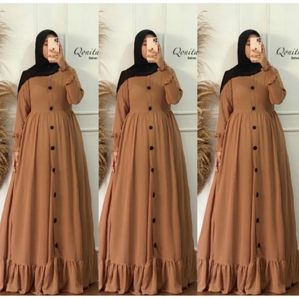 aqila maxi ceruty bebydoll /gamis ceruty bebydoll kancing terbaru /gamis syarii ceruty motif terbaru