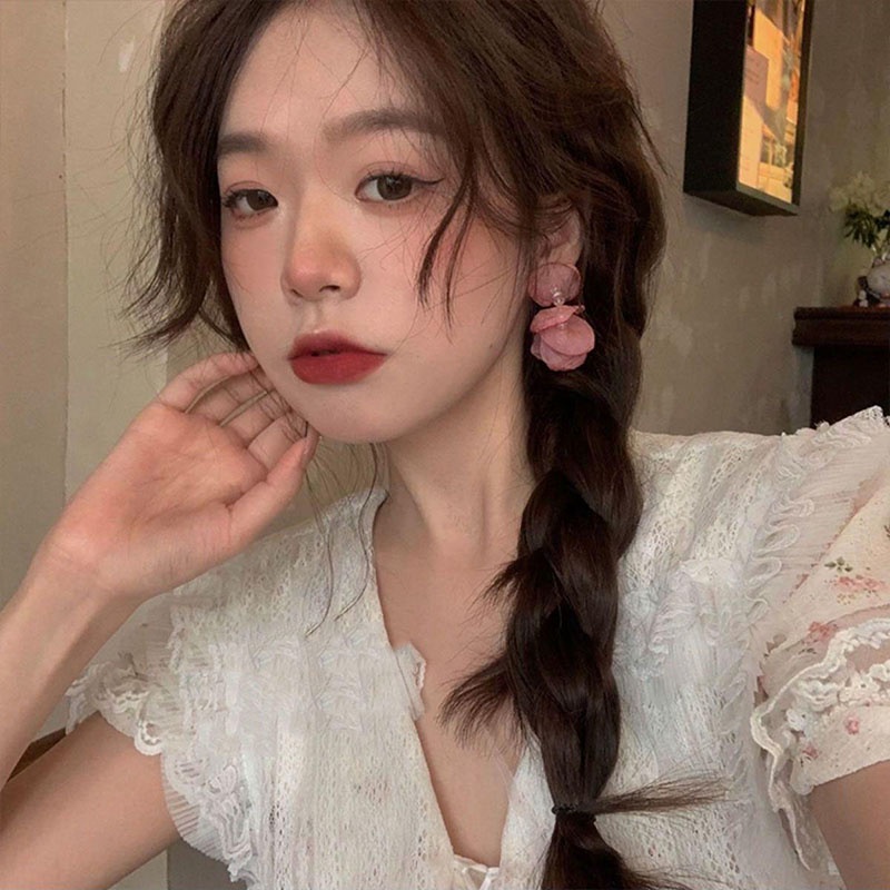 Anting Tusuk Motif Bunga Pink Lucu Ala Jepang / Korea Untuk Wanita