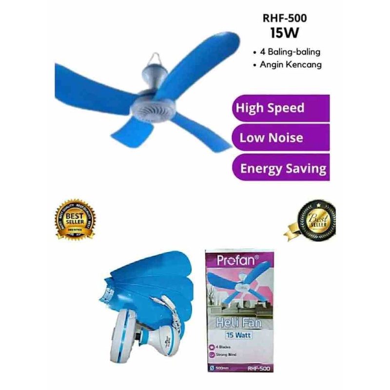 Kipas Angin Gantung 15 Watt / Kipas Gantung / Ceiling Fan / Heli Fan Siling Pro Fan KIPAS BALING BALING 500mm SNI RHF-500