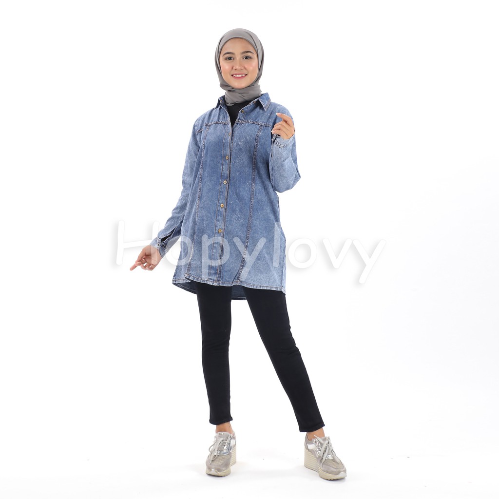 HOPYLOVY - Tunik Lengan Panjang Wanita Bahan Jeans Azkia