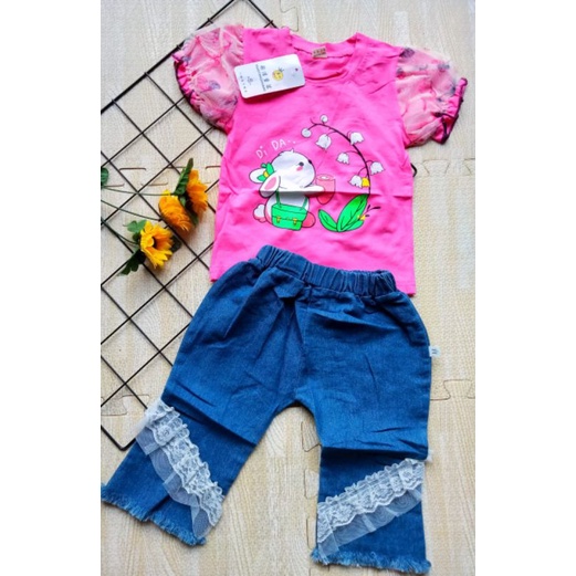 Setelan anak perempuan atasan jins cherry import 1-5 tahun/ Baju Setelan kaos celana Jeans cutbray anak cewek tanggung