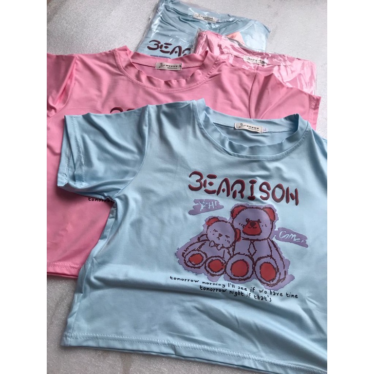 [littlecrab] Kaos Crop Wanita Beruang Bearison Crop Top Lucu Biru Pink Korean Style