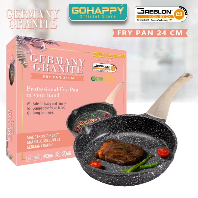 PANCI SKILLET FRY PAN 24CM Gohappy Germany Granite WAJAN  FRYPAN asli Import Greblon C3 German Granit JERMAN