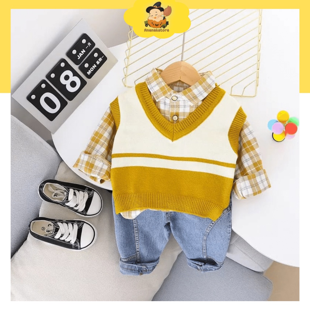 ANANAKSTORE- Setelan baju baby impor premium anak LUCU MOTIF YELLOW VEST 3in1 /Baju baby LUCU 0-5 Tahun