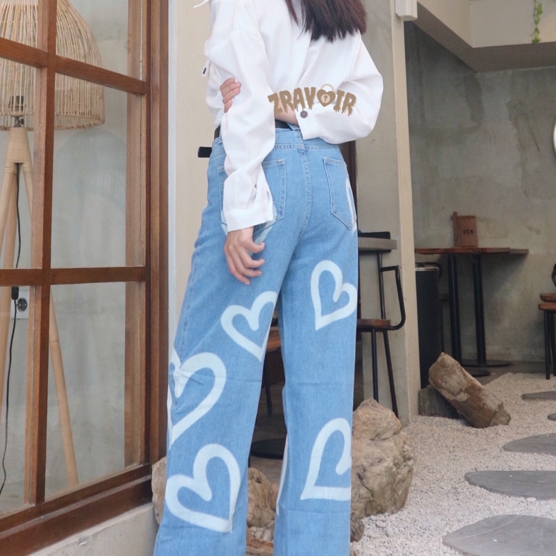 YAOSHI - Celana Highwaist Jeans Wanita - BF Jeans Kulot Jeans Love Putih Sablon Gaya Korea