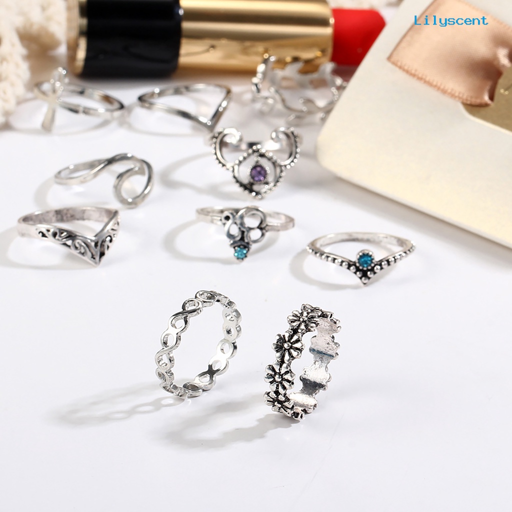 10pcs Cincin Knuckle Bentuk V Motif Bunga Gaya Vintage Untuk Wanita