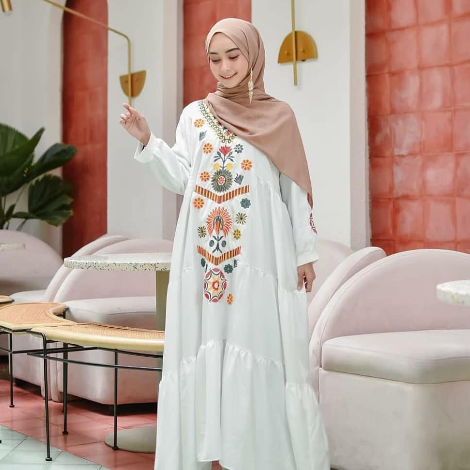 Ramadhani Dress Gamis Putih Bordir M-XXXL Jumbo Gamis Bordir Turki Gamis Bordir Bunga gamis Lebaran