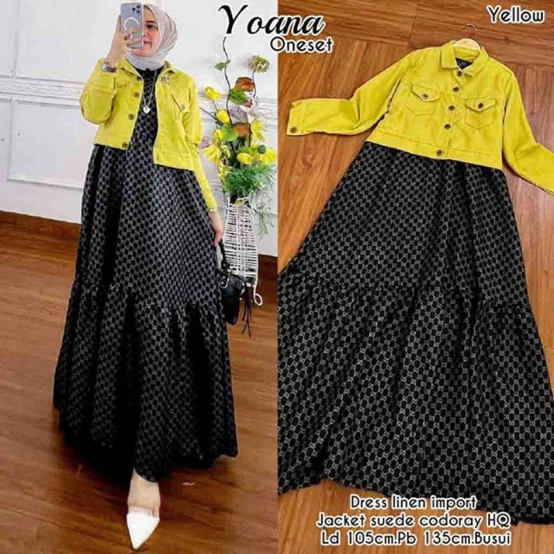 Gamis Import Set Crop/Yoana/Dress Linen Import/Crop Suede/Busui Sleting/Ld104/Baju Muslim Gaul/Terba