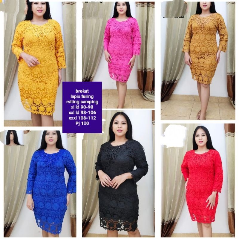 Dress brokat import bunga wanita pesta lengan panjang 7/8 lapis furing resleting samping m l xl xxl xxxl