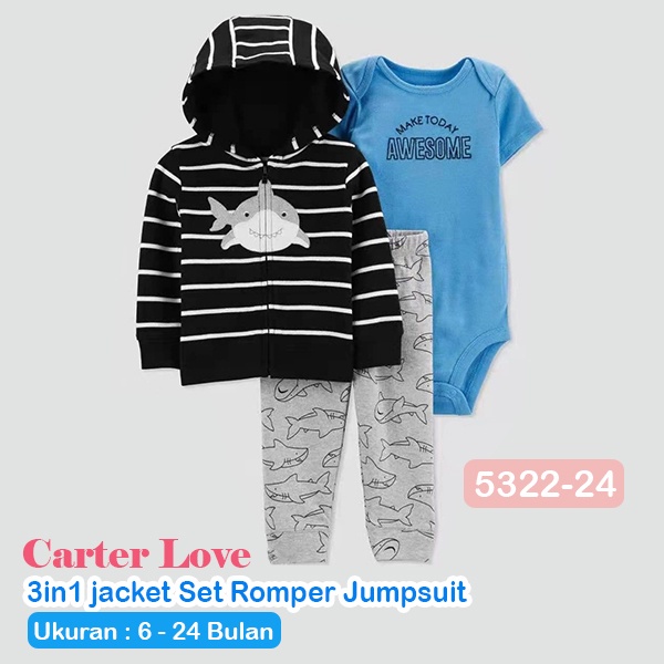 Setelan Anak Laki Laki 3in1 Jaket Bodysuit &amp; Celana Motif Shark 6 Bulan - 2 Tahun