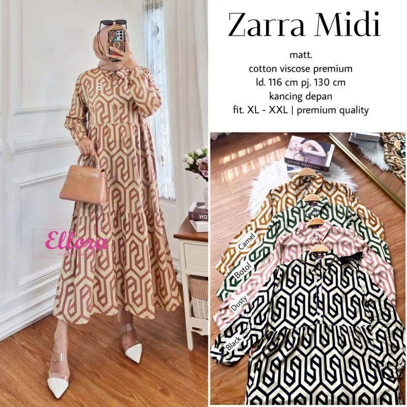 Midi Dress Zahra Wanita Muslim Rayon Premium Viral Terbaru