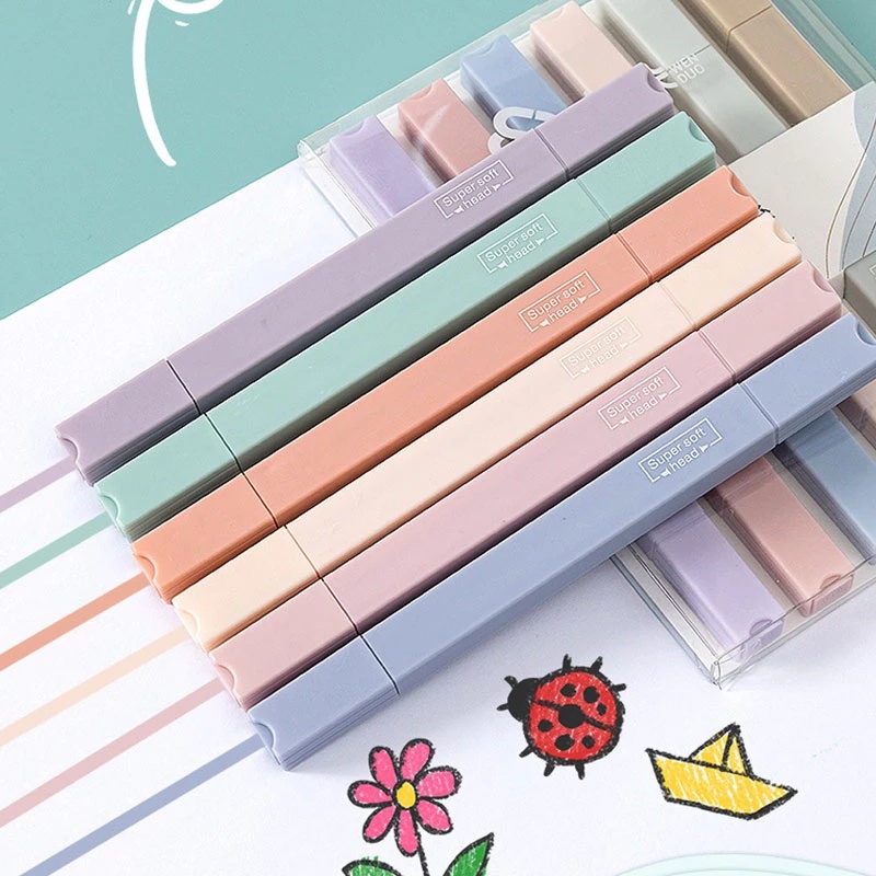 6pcs / Set Spidol Highlighter Ujung Ganda Warna Permen Untuk Jurnal / Album Foto Diy