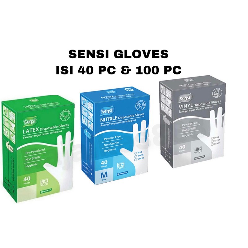 Promo !! Sensi Sarung Tangan Nitrile Powdered/Sensi Gloves Vinyl isi 40/Disposable Gloves Latex 40pc