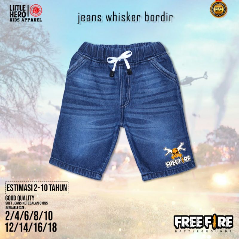 Celana Jeans Anak Whisker Bordir FF Bordir 2-7 Tahun Celana Jeans Pendek Bordir FreeFire by Little Hero