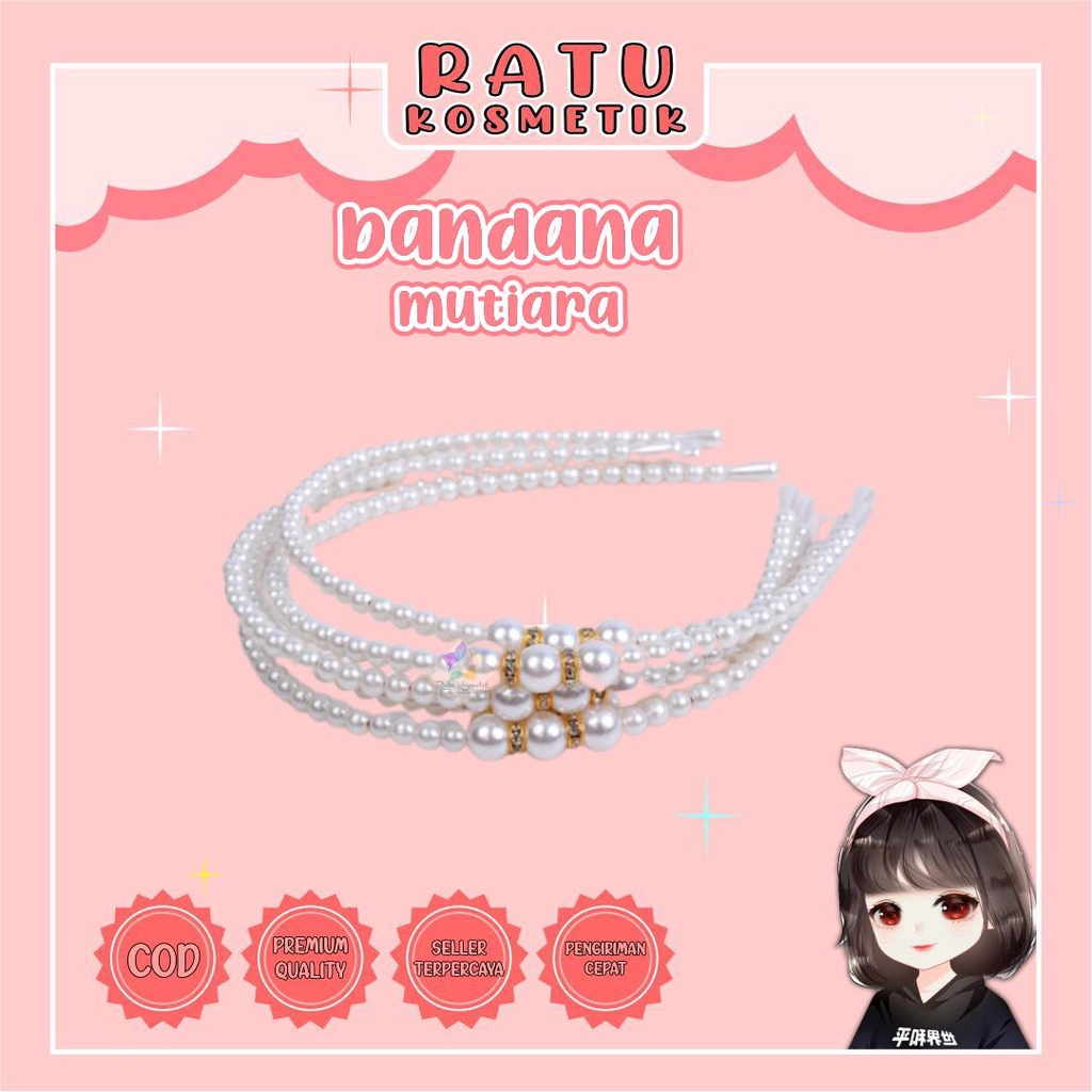 ❤ RATU ❤ Bando Mutiara Bunga | Bandana Scrunchie Kerut | Hitam Polos Wanita Korea Viral