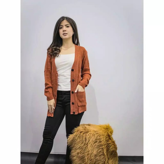 MERISSA Gardigan Cardigan Rajut Tebal Wanita Panjang Jumbo Oversize - Kardigan Cardingan Korea Polos-Coral