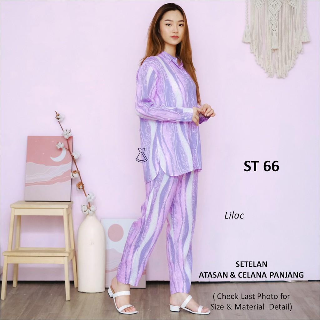 ST66 - SETELAN CASUAL RAYON MOTIF PRINT LILAC WANITA SET ATASAN CELANA PANJANG