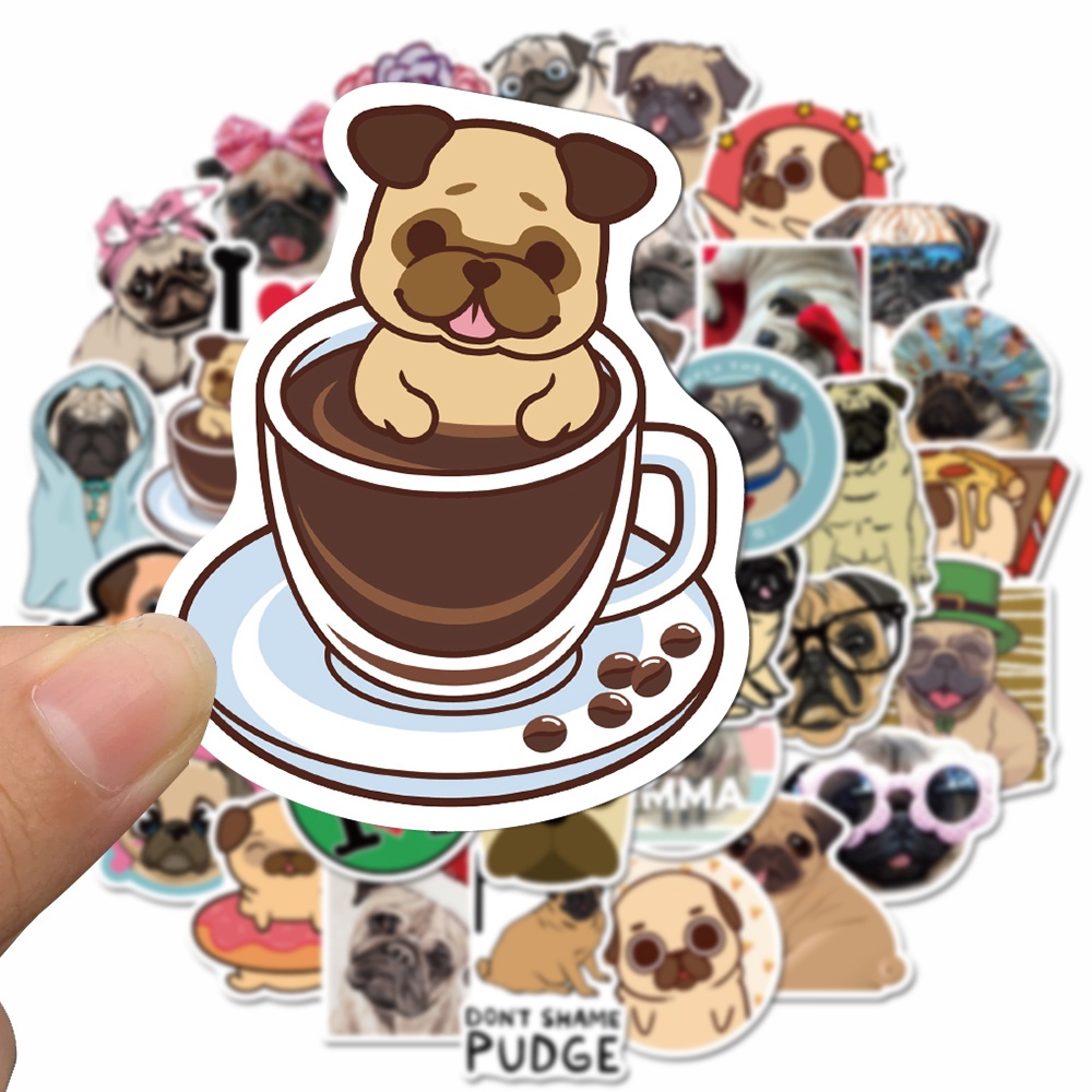 [In stock] 50pcs cute pug cartoon stickers, funny hand account stickers, children's toys, computer waterproof stickers