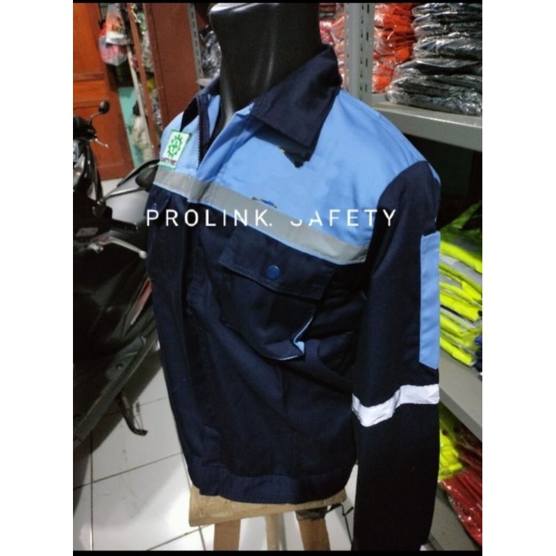 RESLETING BAJU SERAGAM SAFETY NAVY DONGKER KOMBINASI BIRU MUDA BERLOGO K3 BENDERA